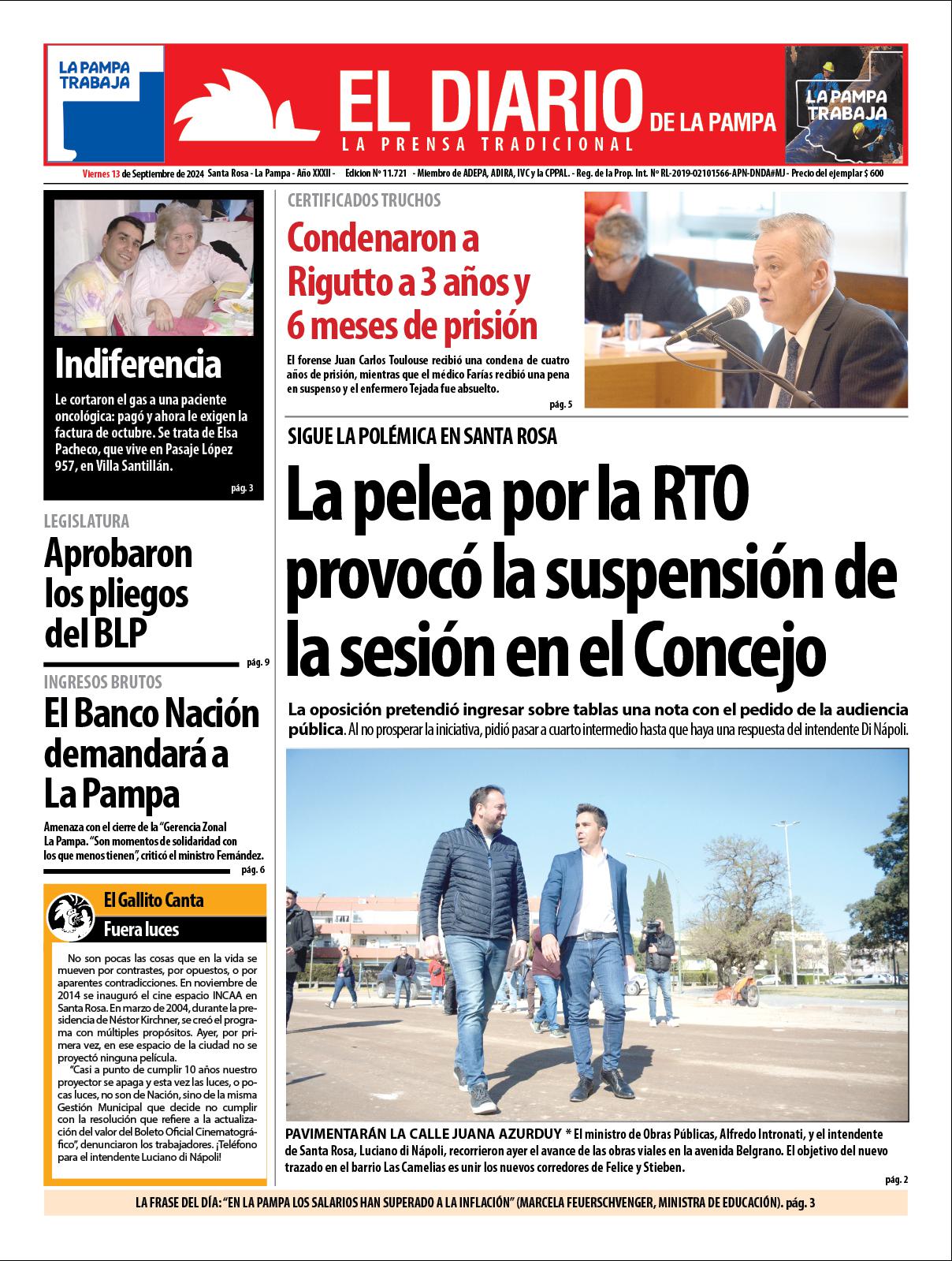 Tapa de El Diario en papel  viernes 13 de septiembre de 2024